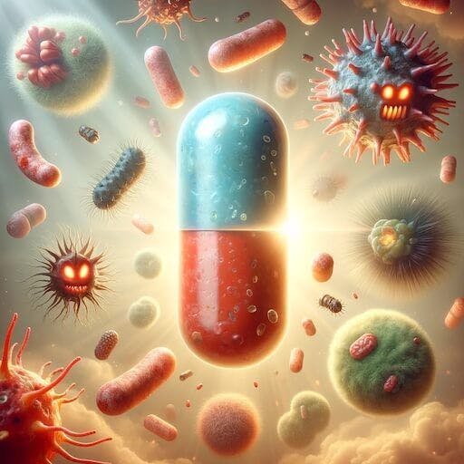 An image of a pill surrounded by bacteria.