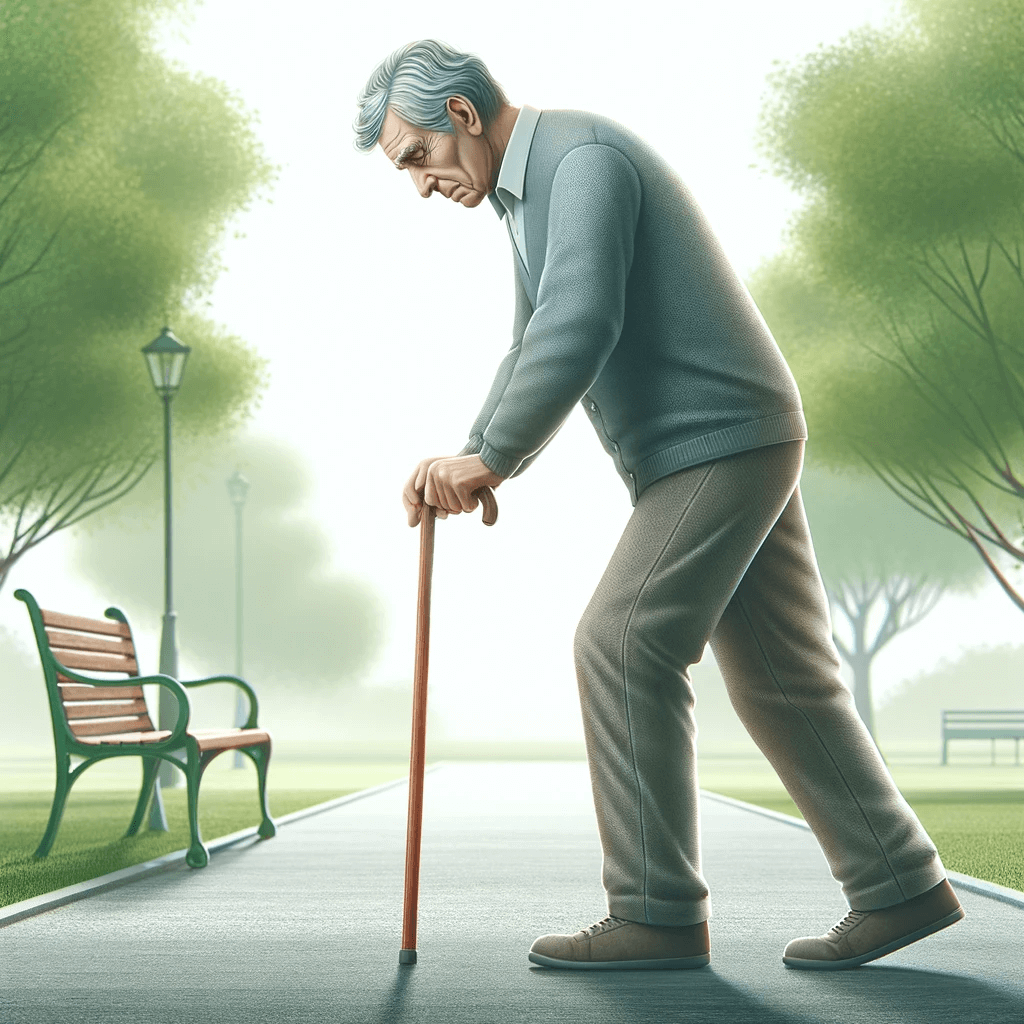 An elderly man with a stooped posture walking slowly with the aid of a cane.