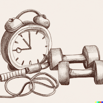 A drawing of an alarm clock and two dumbbells.