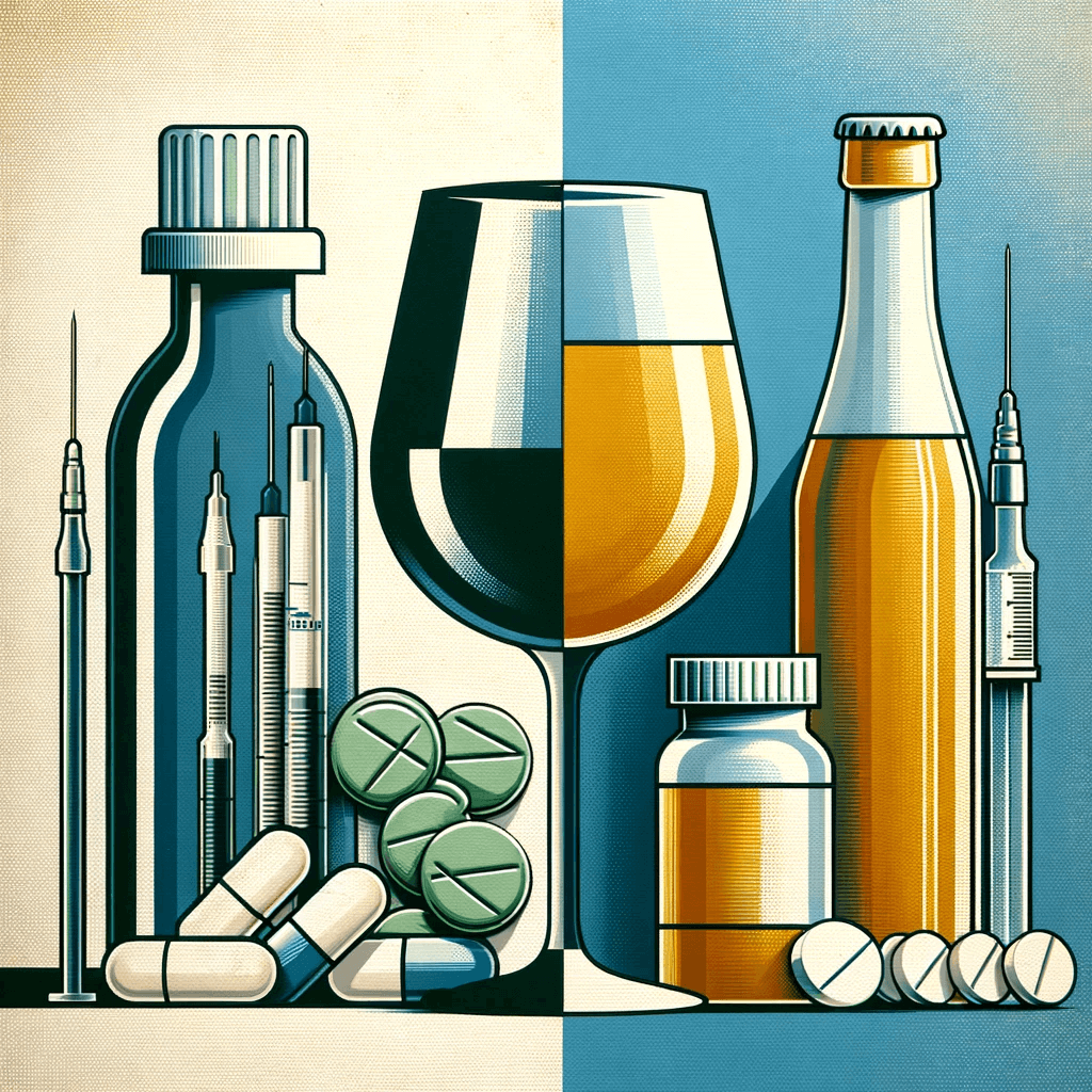 A picture of alcohol and pills, representing antibiotics.