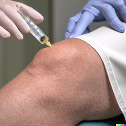 An injection being inserted into the knee.