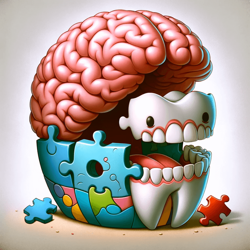 An image of the brain and teeth as a puzzle.