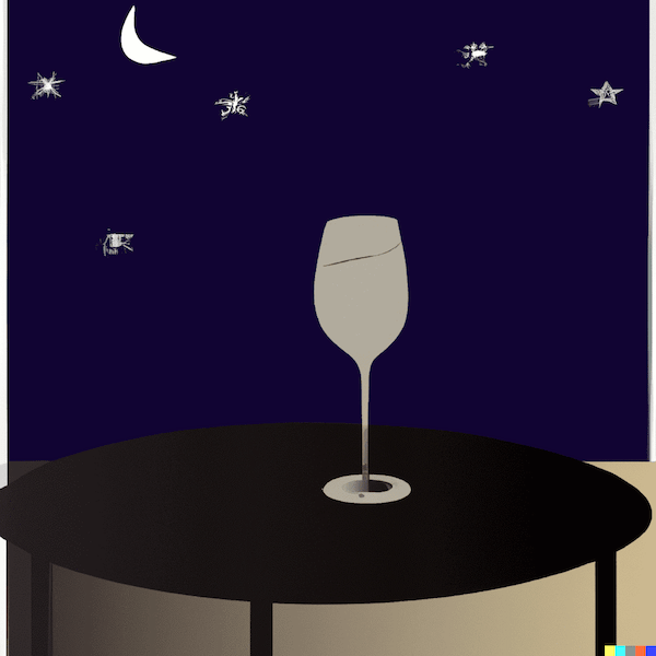 An illustration of a wine glass on a table,  juxtaposed against a dark, starry night background.